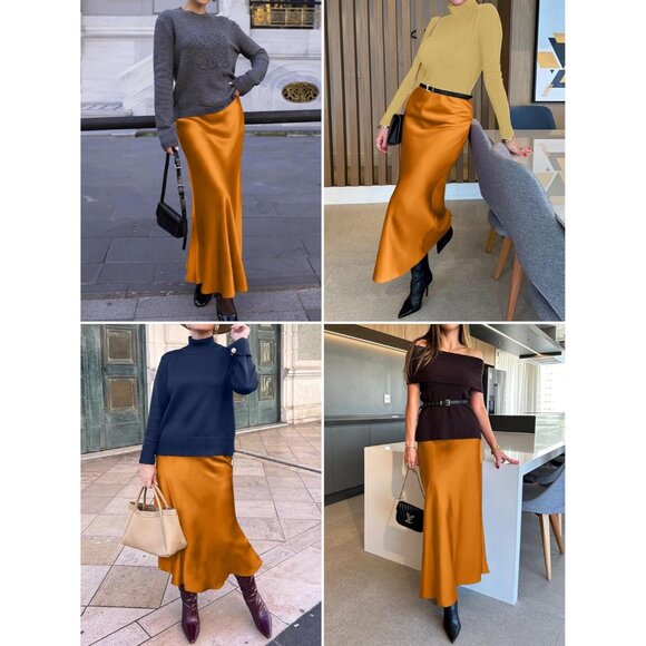 Women Orange Maxi Dressy Casual Zipped High Waisted Silk Elegant Long Skirt - Picture 3 of 7